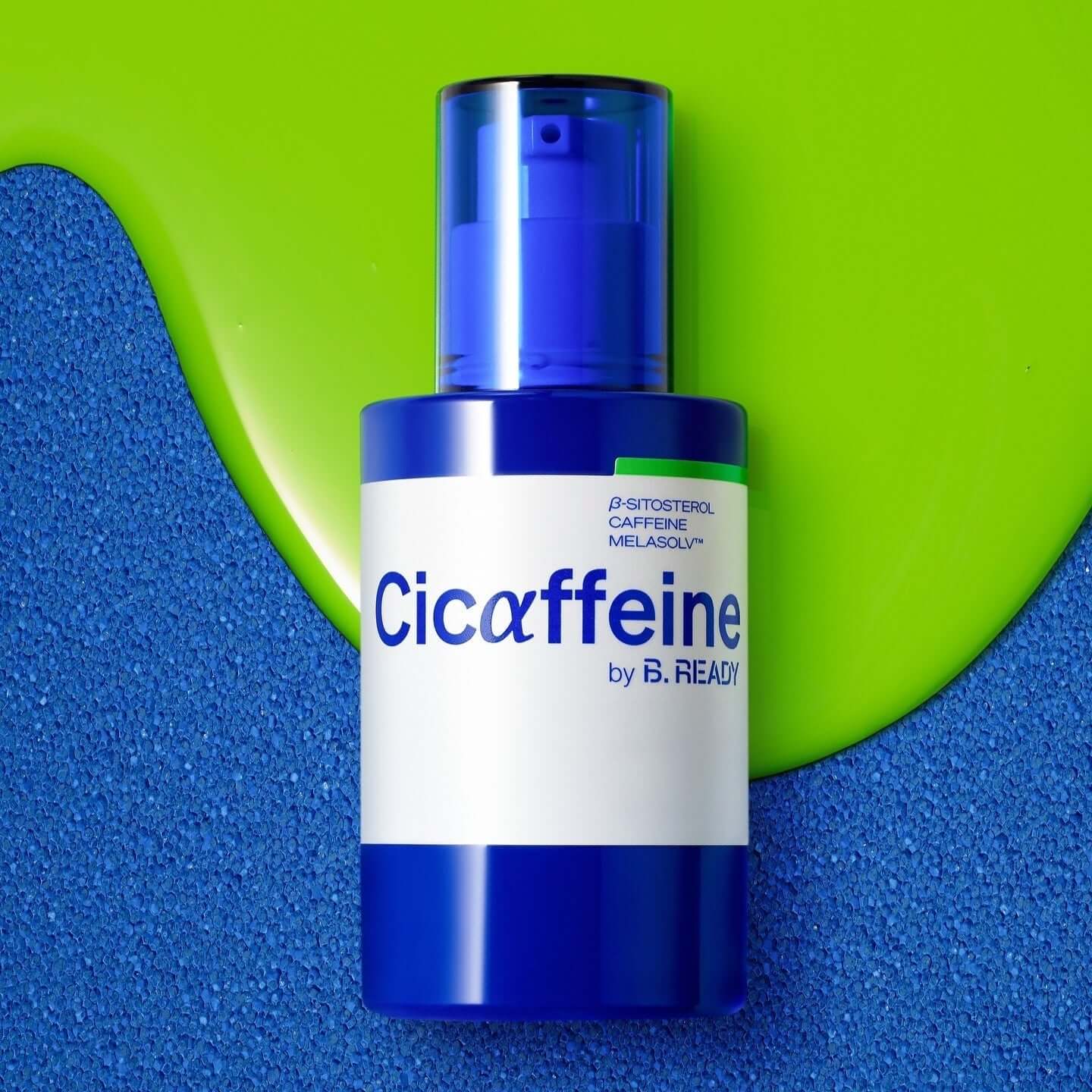 B.READY Cicaffein trouble Reset Serum 40ml bottle product shot on blue and green background Gentleman Korea Korean skincare for men