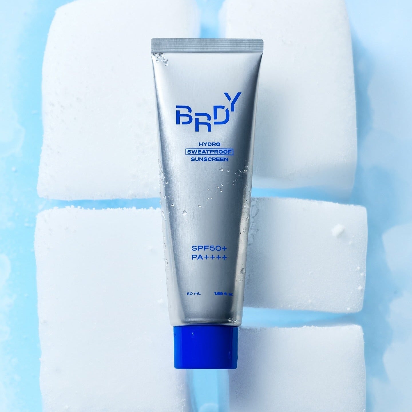B.READY Hydro Sweatproof Sunscreen 50ml - Gentleman Korea men’s hydro sweatproof SPF50+ sunscreen tube on icy background