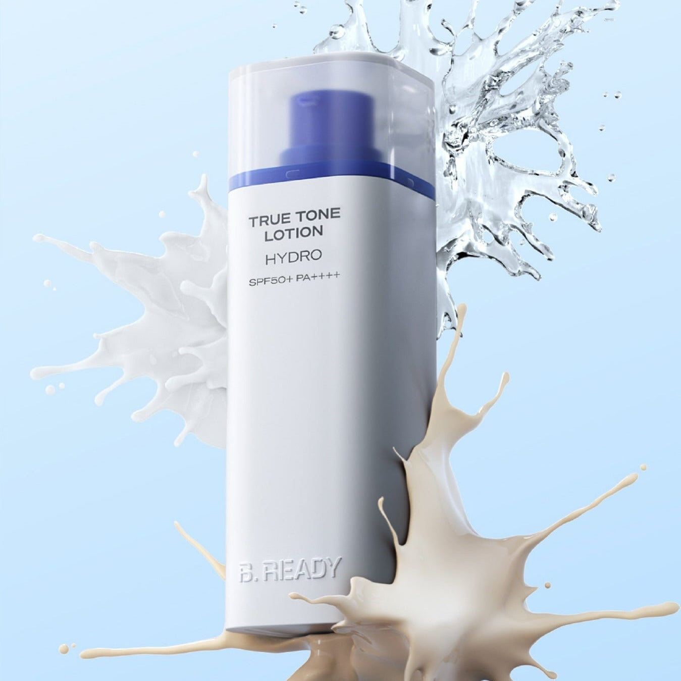 Alt Tag: B.READY True Tone Lotion 2.0 40ml — Gentleman Korea men’s hydrating tone-up lotion bottle with SPF50+ displayed against water and lotion splash background