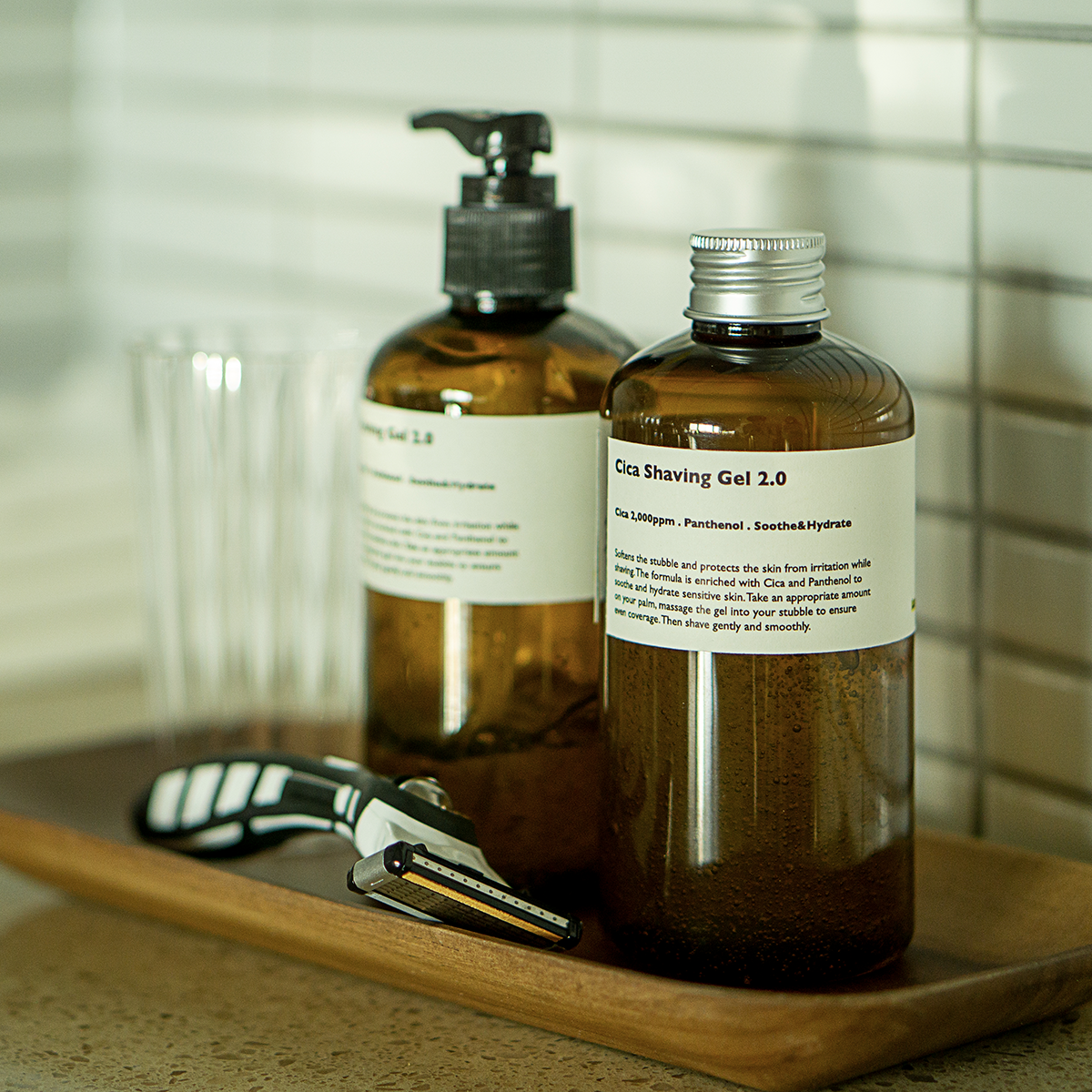 LAZY SOCIETY Shaving Set 8 Pieces on wooden tray with razor and amber shaving gel bottles – Gentleman Korea premium Korean men’s grooming set